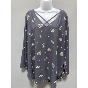 Express Women's Dark Gray Long Sleeve Tunic w/Pink Dots/Cream Flowers XL